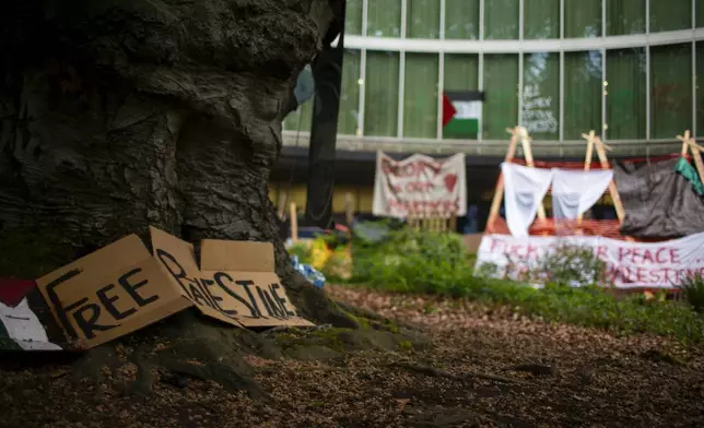 Pro-Palestinian protesters occupied Portland State University's library, advocating for a cease-fire in the Israel-Hamas war, on Tuesday, April 30, 2024, in Portand, Ore. (Dave Killen/The Oregonian via AP)