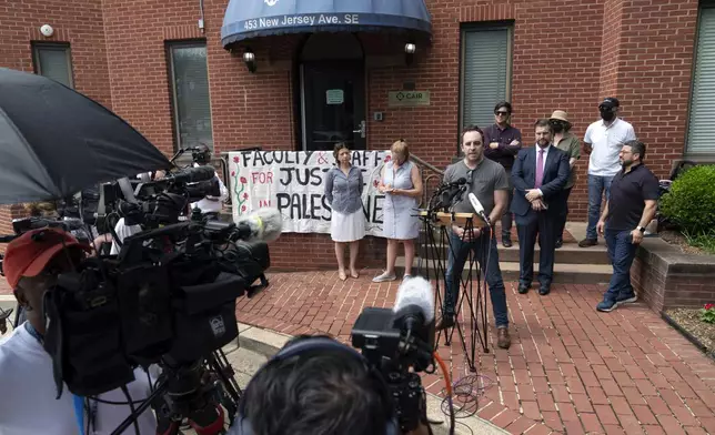 GW associate professor Peter Calloway speaks during a news conference after police cleared a pro-Palestinian tent encampment at George Washington University early Wednesday and arrested demonstrators, Wednesday, May 8, 2024, in Washington. (AP Photo/Jose Luis Magana)
