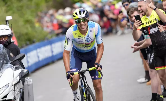 France's Lilian Calmejane leads during stage 1 of the Giro d'Italia from Venaria Reale to Turin, Italy, Saturday May 4, 2024. (Fabio Ferrari/LaPresse via AP)