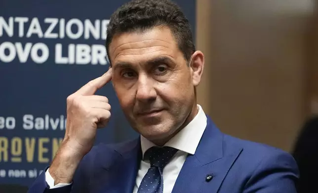 General Roberto Vannacci attends the presentation of a book by the League leader Matteo Salvini in Rome, Tuesday, April 30, 2024. Vannacci will be one of the League candidates at the next European Parliament elections. (AP Photo/Alessandra Tarantino)