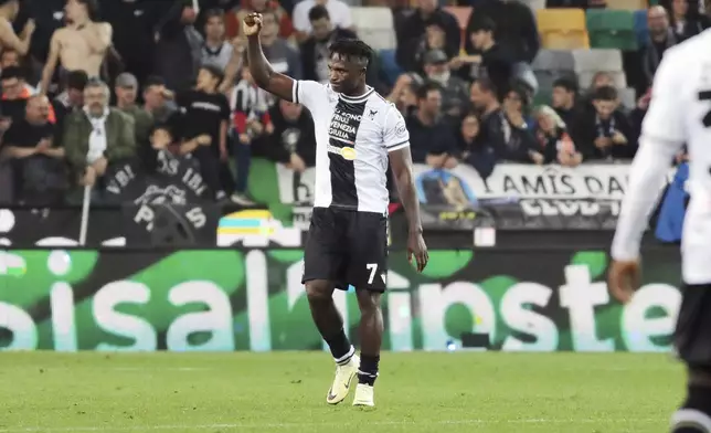 Udinese's Isaac Success celebrates after scoring his side's first goal during the Italy Serie A soccer match between Udinese and Napoli at the Bluenergy Stadium in Udine, Italy, Monday, May 6, 2024. (Andrea Bressanutti/LaPresse via AP)