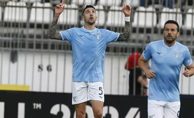 Lazio's Matías Vecino celebrates after scoring his side's second goal during the Serie A soccer match between Monza and Lazio at the U-Power Stadium in Monza, Italy, Saturday May 4 , 2024. (Alberto Mariani/LaPresse via AP)