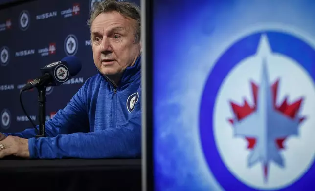 Winnipeg Jets head coach Rick Bowness speaks during an NHL hockey press conference in Winnipeg, Manitoba, Thursday, May 2, 2024. (John Woods/The Canadian Press via AP)