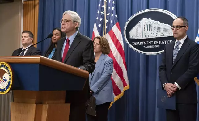 Attorney General Merrick Garland speaks during a news conference at the Department of Justice headquarters in Washington, Thursday, May 23, 2024. The Justice Department has filed a sweeping antitrust lawsuit against Ticketmaster and parent company Live Nation Entertainment, accusing them of running an illegal monopoly over live events in America and driving up prices for fans. The lawsuit was filed Thursday in New York and was brought with 30 state and district attorneys general. (AP Photo/Jose Luis Magana)
