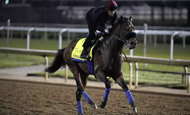 Kentucky Derby hopeful Stronghold works out at Churchill Downs Wednesday, May 1, 2024, in Louisville, Ky. The 150th running of the Kentucky Derby is scheduled for Saturday, May 4. (AP Photo/Charlie Riedel)