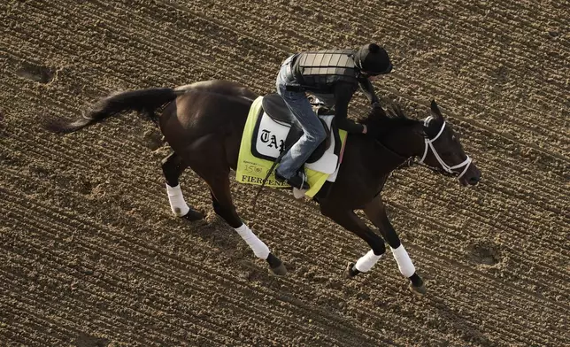 Kentucky Derby entrant Fierceness works out at Churchill Downs Thursday, May 2, 2024, in Louisville, Ky. The 150th running of the Kentucky Derby is scheduled for Saturday, May 4. (AP Photo/Charlie Riedel)