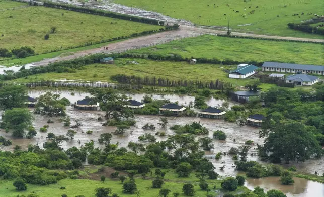 A lodge is seen in the flooded Maasai Mara National Reserve, which left dozens of tourists stranded in Narok County, Kenya, Wednesday, May 1, 2024. Kenya, along with other parts of East Africa, has been overwhelmed by flooding. (AP Photo/Bobby Neptune)