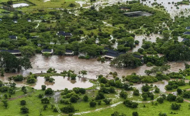 A lodge is seen in the flooded Maasai Mara National Reserve, that left dozens of tourists stranded in Narok County, Kenya, Wednesday, May 1, 2024. Kenya, along with other parts of East Africa, has been overwhelmed by flooding. (AP Photo/Bobby Neptune)