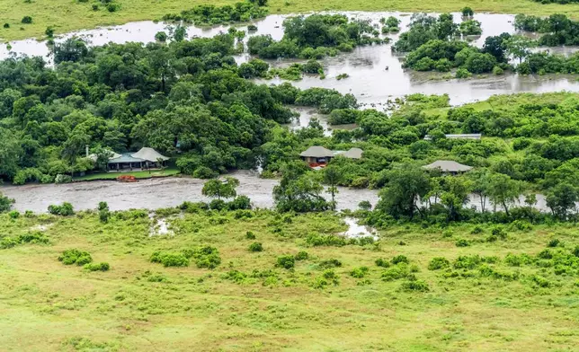 A lodge is seen in the flooded Maasai Mara National Reserve, which left dozens of tourists stranded in Narok County, Kenya, Wednesday, May 1, 2024. Kenya, along with other parts of East Africa, has been overwhelmed by flooding. (AP Photo/Bobby Neptune)