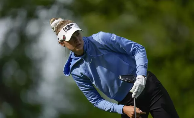 Nelly Korda looks after her shot off the 13th tee during the first round of the LPGA Cognizant Founders Cup golf tournament, Thursday, May 9, 2024, in Clifton, N.J. (AP Photo/Seth Wenig)