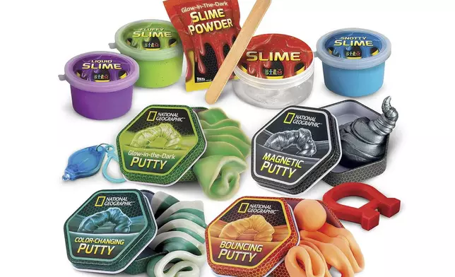 This product image released by Blue Marble/The Toy Insider shows items from Blue Marble’s National Geographic Mega Slime &amp; Putty Lab Kit. (Blue Marble/The Toy Insider via AP)