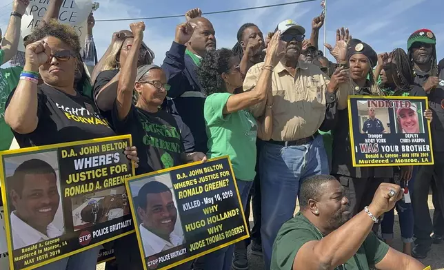 Demonstrators hold a rally for the late Ronald Greene outside the Union Parish Courthouse in Farmerville, La., on Friday, May 10, 2024. Half a decade after Greene’s violent death, the federal investigation remains open and unresolved with no end in sight. Two officers charged in Greene's death are scheduled to be tried here later this year. (AP Photo/Jim Mustian)