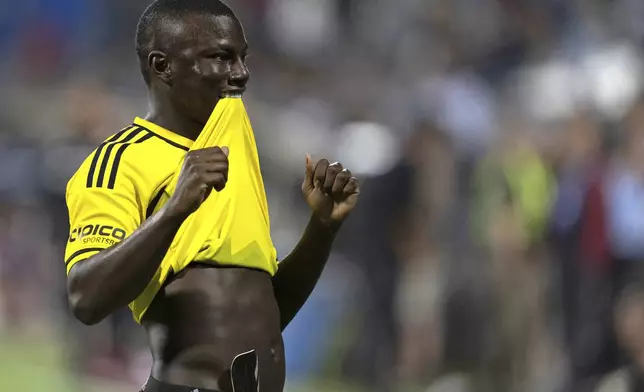 Columbus Crew midfielder Marino Hinestroza (11) celebrates his goal over CF Montreal during the second half of an MLS soccer game, Wednesday, May 15, 2024 in Montreal.(Christinne Muschi/The Canadian Press via AP)