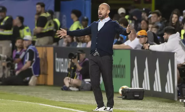 CF Montreal coach Laurent Courtois reacts after a call late in the second half against Nashville SC in MLS soccer match action in Montreal, Saturday, May 25, 2024. (Peter McCabe/The Canadian Press via AP)