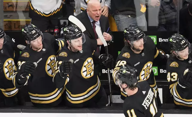 Boston Bruins head coach Jim Montgomery cheers after a goal by center Trent Frederic (11) during the first period of Game 5 of an NHL hockey Stanley Cup first-round playoff series agains the Toronto Maple Leafs, Tuesday, April 30, 2024, in Boston. (AP Photo/Charles Krupa)