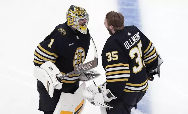 Boston Bruins' Jeremy Swayman (1) and Linus Ullmark (35) celebrate after defeating the Toronto Maple Leafs in overtime during Game 7 of an NHL hockey Stanley Cup first-round playoff series, Saturday, May 4, 2024, in Boston. (AP Photo/Michael Dwyer)