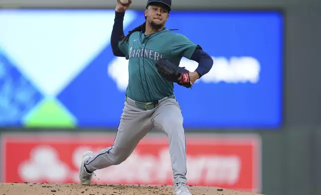 Seattle Mariners starting pitcher Luis Castillo delivers during the second inning of a baseball game against the Minnesota Twins, Monday, May 6, 2024, in Minneapolis. (AP Photo/Abbie Parr)