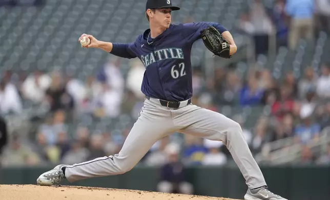Seattle Mariners starting pitcher Emerson Hancock (62) delivers during the second inning of a baseball game against the Minnesota Twins, Tuesday, May 7, 2024, in Minneapolis. (AP Photo/Abbie Parr)