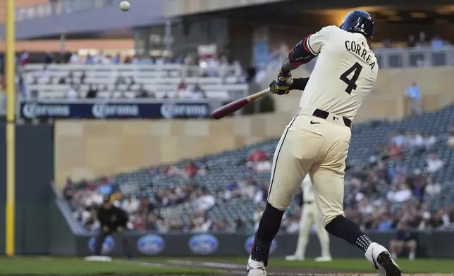 Minnesota Twins' Carlos Correa hits an RBI-double during the fifth inning of a baseball game against the Seattle Mariners, Monday, May 6, 2024, in Minneapolis. (AP Photo/Abbie Parr)