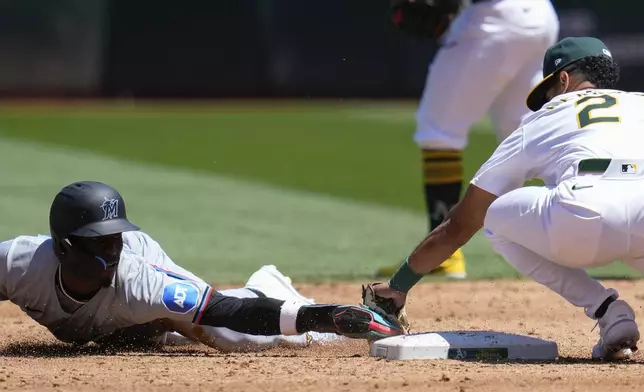 Oakland Athletics shortstop Darell Hernaiz, right, tags out Miami Marlins' Nick Gordon, left, at second base on a steal-attempt during the third inning of a baseball game Sunday, May 5, 2024, in Oakland, Calif. (AP Photo/Godofredo A. Vásquez)