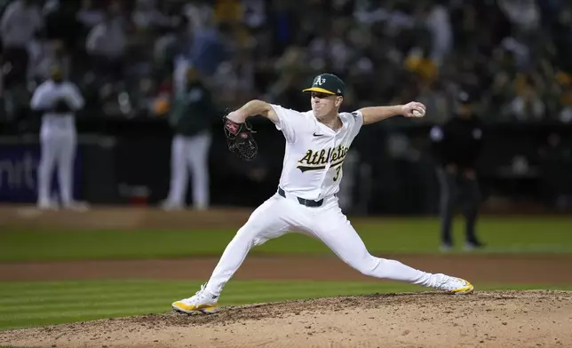 Oakland Athletics' JP Sears pitches to a Miami Marlins batter during the seventh inning of a baseball game Friday, May 3, 2024, in Oakland, Calif. (AP Photo/Godofredo A. Vásquez)