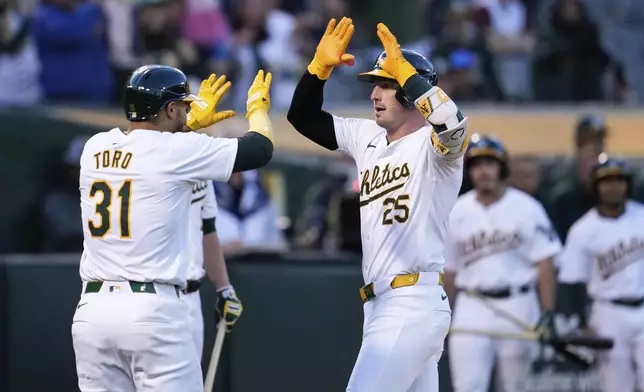 Oakland Athletics' Brent Rooker, right, celebrates with Abraham Toro after hitting a two-run home run against Miami Marlins pitcher Ryan Weathers during the fourth inning of a baseball game Friday, May 3, 2024, in Oakland, Calif. (AP Photo/Godofredo A. Vásquez)