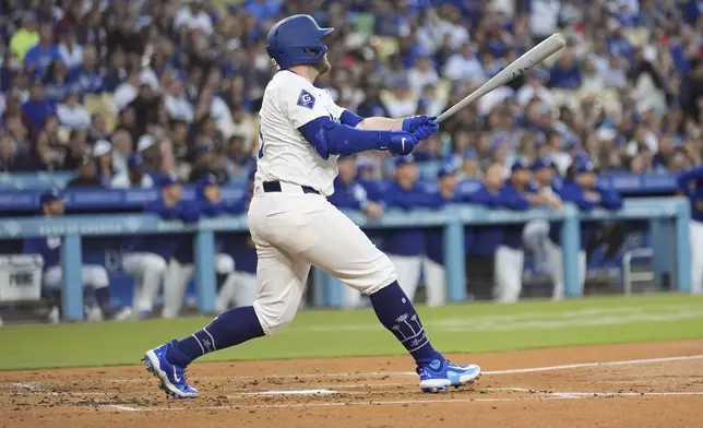 Los Angeles Dodgers' Max Muncy watches his grand slam against the Miami Marlins during the first inning of a baseball game Tuesday, May 7, 2024, in Los Angeles. (AP Photo/Marcio Jose Sanchez)