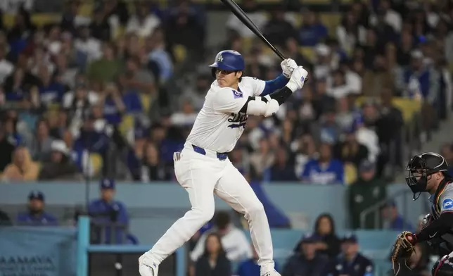 Los Angeles Dodgers designated hitter Shohei Ohtani waits for a pitch during the fourth inning of a baseball game against the Miami Marlins in Los Angeles, Monday, May 6, 2024. (AP Photo/Ashley Landis)