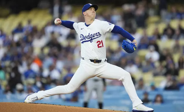 Los Angeles Dodgers starting pitcher Walker Buehler throws during the first inning of a baseball game against the Miami Marlins in Los Angeles, Monday, May 6, 2024. (AP Photo/Ashley Landis)