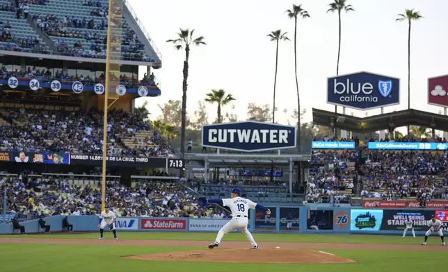 Los Angeles Dodgers starting pitcher Yoshinobu Yamamoto throws to a Miami Marlins batter during the first inning of a baseball game Tuesday, May 7, 2024, in Los Angeles. (AP Photo/Marcio Jose Sanchez)