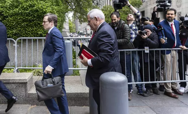 Sen. Bob Menendez, D-N.J., arrives for the first day of his trial at the Manhattan federal court, Monday, May 13, 2024, in New York. (AP Photo/Stefan Jeremiah)