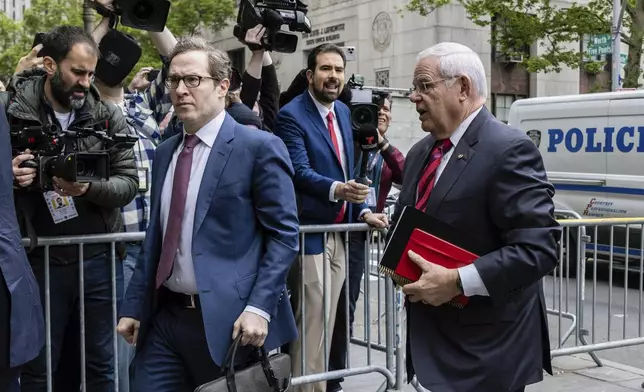 Sen. Bob Menendez, D-N.J., arrives for the first day of his trial at Manhattan federal court, Monday, Monday, May 13, 2024, in New York. (AP Photo/Stefan Jeremiah)