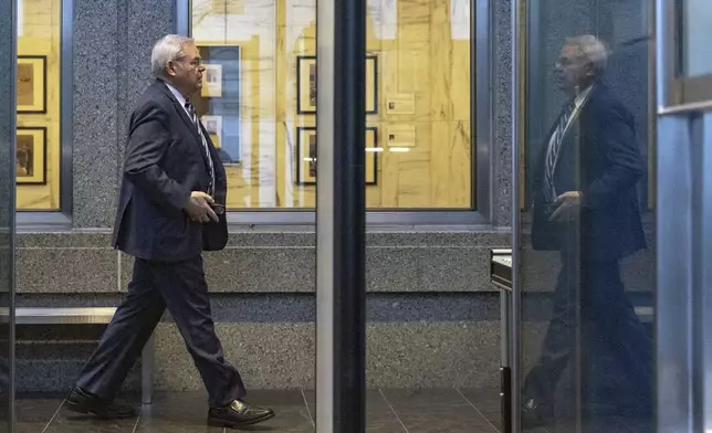 FILE - Sen. Bob Menendez, D-N.J., arrives at Manhattan federal court, Monday, March 11, 2024, in New York. Jury selection is scheduled to start Monday, May 13, 2024, in the trial of Menendez, a Democrat charged with accepting bribes of gold and cash to use his influence to aid three New Jersey businessmen. (AP Photo/Jeenah Moon, File)