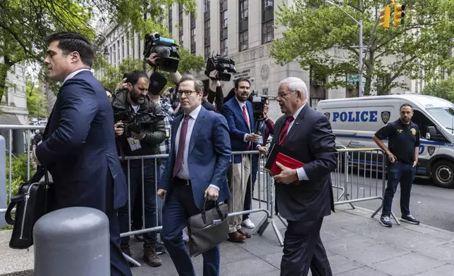 Sen. Bob Menendez, D-N.J., arrives for the first day of his trial at the Manhattan federal court, Monday, Monday, May 13, 2024, in New York. (AP Photo/Stefan Jeremiah)