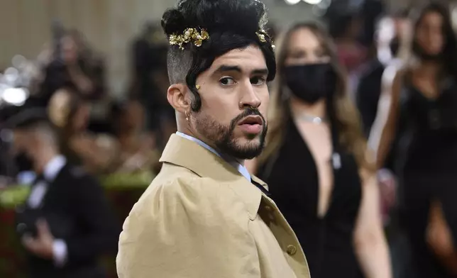 FILE - Bad Bunny attends The Metropolitan Museum of Art's Costume Institute benefit gala celebrating the opening of the "In America: An Anthology of Fashion" exhibition on May 2, 2022, in New York. (Photo by Evan Agostini/Invision/AP, File)