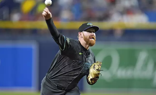 Tampa Bay Rays starting pitcher Zack Littell delivers to the New York Mets during the first inning of a baseball game Saturday, May 4, 2024, in St. Petersburg, Fla. (AP Photo/Chris O'Meara)
