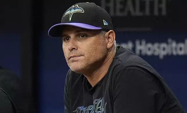 Tampa Bay Rays manager Kevin Cash watches play during the first inning of a baseball game against the New York Mets Saturday, May 4, 2024, in St. Petersburg, Fla. (AP Photo/Chris O'Meara)