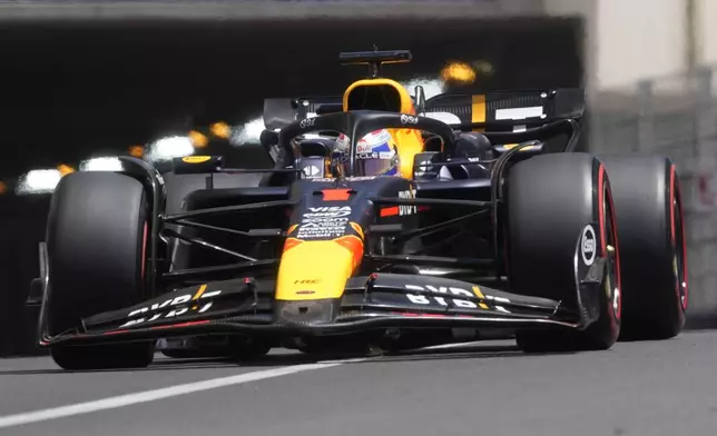 Red Bull driver Max Verstappen of the Netherlands steers his car during the third free practice ahead of the Formula One Monaco Grand Prix at the Monaco racetrack, in Monaco, Saturday, May 25, 2024. (AP Photo/Luca Bruno)