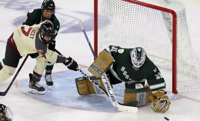 Boston goalie Aerie Frankel (31) makes a save against Montreal forward Laura Stacey (7) during the third period of a PWHL playoff hockey game Tuesday, May 14, 2024, in Lowell, Mass. (AP Photo/Mark Stockwell)