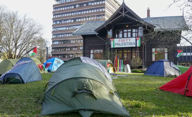 Students camp as they protest against war in Gaza, at the University of Oslo, Norway, Thursday May 2, 2024. (Terje Pedersen/NTB Scanpix via AP)