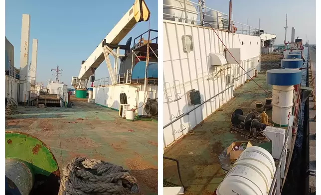 This combination of photos provided by Abdul Nasser Saleh shows the deck of the cargo ship Al-Maha, abandoned by its owners, at the seaport of Jeddah, Saudi Arabia, in January 2024. (Courtesy Abdul Nasser Saleh via AP)