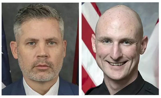 This combo of undated images provided by law enforcement, shows, from left, Sam Poloche and William Elliott of the North Carolina Department of Adult Corrections; Charlotte-Mecklenburg Officer Joshua Eyer; and Deputy U.S. Marshal Thomas Weeks. The four officers were killed and four others were wounded, Monday, April 29, 2024, in suburban Charlotte, as they approached a home to serve a warrant for a felon wanted for possessing a firearm. (North Carolina Department of Corrections (2), Charlotte-Mecklenburg Police Department, US Marshals Service via AP)