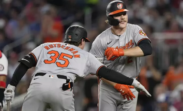 Baltimore Orioles' Gunnar Henderson, right, is congratulated by Adley Rutschman (35) after hitting a solo home run against the Washington Nationals during sixth inning of a baseball game at Nationals Park in Washington, Wednesday, May 8, 2024. (AP Photo/Susan Walsh)