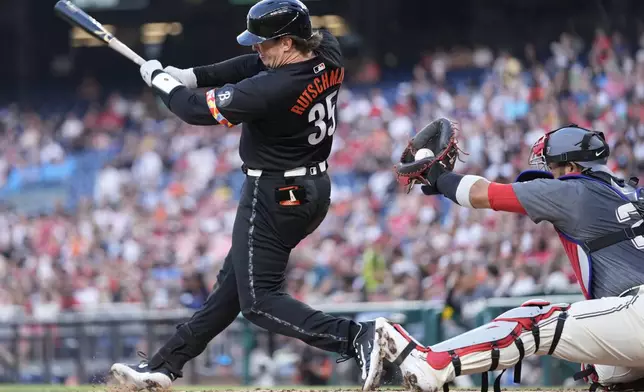 Washington Nationals catcher Keibert Ruiz (20) catches the ball as Baltimore Orioles catcher Adley Rutschman (35) swings and misses during the third inning of a baseball game at Nationals Park in Washington, Tuesday, May 7, 2024. (AP Photo/Susan Walsh)