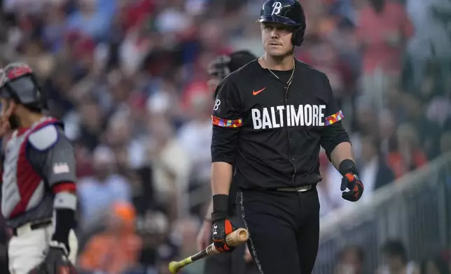 Baltimore Orioles first base Ryan Mountcastle heads back to the dugout after striking out in the fourth inning of a baseball game against the Washington Nationals at Nationals Park in Washington, Tuesday, May 7, 2024. (AP Photo/Susan Walsh)