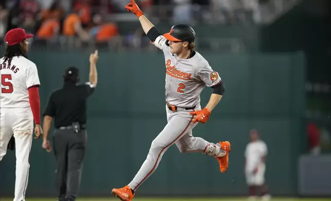 Baltimore Orioles' Gunnar Henderson rounds second base on a solo home run against the Washington Nationals during sixth inning of a baseball game at Nationals Park in Washington, Wednesday, May 8, 2024. (AP Photo/Susan Walsh)