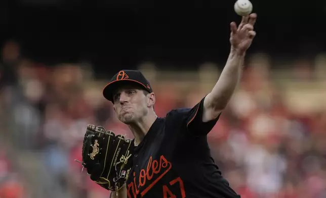 Baltimore Orioles starting pitcher John Means throws in the second inning of a baseball game against the Cincinnati Reds, Saturday, May 4, 2024, in Cincinnati. (AP Photo/Carolyn Kaster)