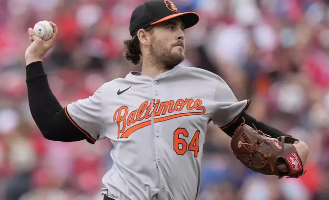 Baltimore Orioles starting pitcher Dean Kremer throws in the first inning of a baseball game against the Cincinnati Reds on Sunday, May 5, 2024, in Cincinnati. (AP Photo/Carolyn Kaster)