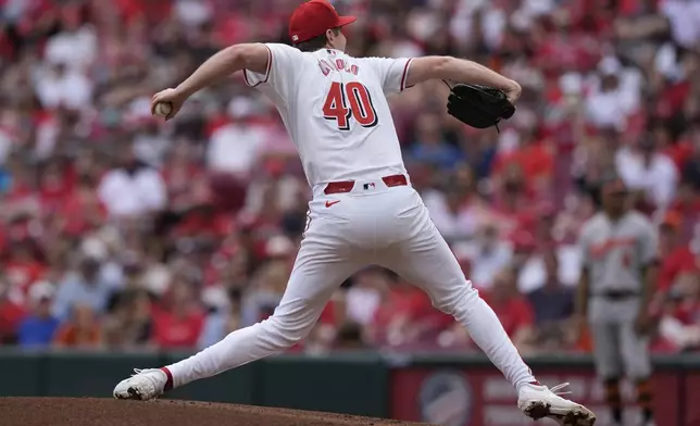 Cincinnati Reds starting pitcher Nick Lodolo throws in the first inning of a baseball game against the Baltimore Orioles, Sunday, May 5, 2024, in Cincinnati. (AP Photo/Carolyn Kaster)