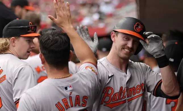 Baltimore Orioles' Jordan Westburg, right, celebrates hitting a two-run homer in the dugout in the first inning of a baseball game against the Cincinnati Reds on Sunday, May 5, 2024, in Cincinnati. (AP Photo/Carolyn Kaster)